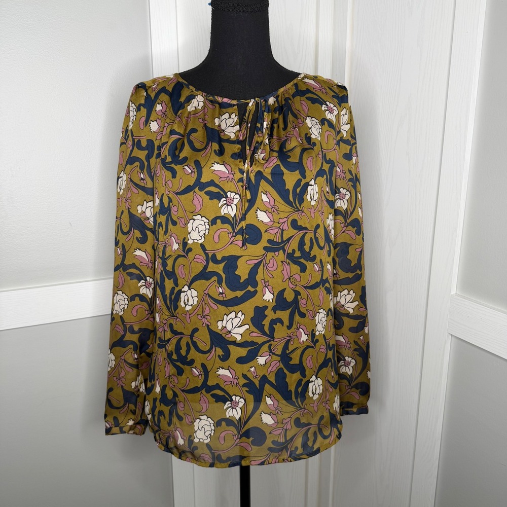 Loft Long Sleeve Top Women Small Mustard Yellow Floral Tie Neck Blouse